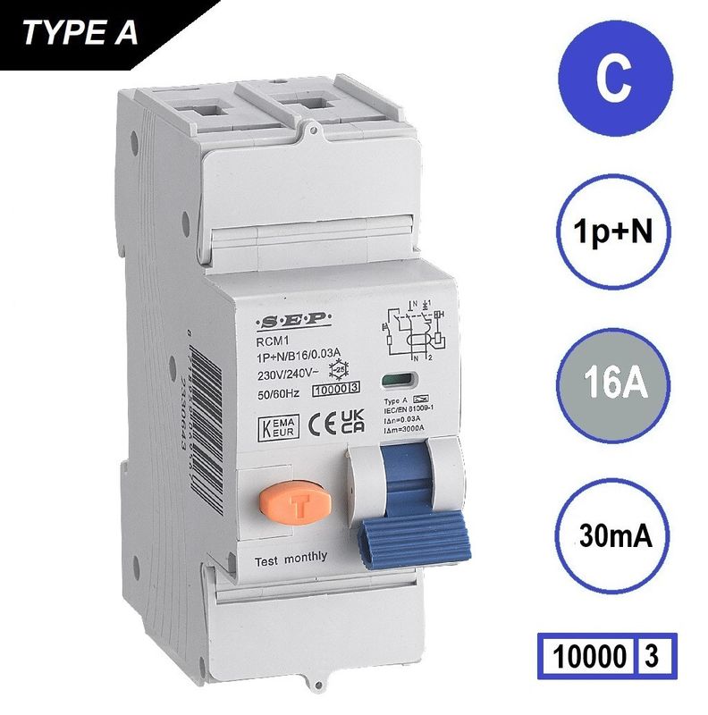 SEP RCM1 Aardlekautom. 1p+n, C16, 30mA, 10kA, Type A