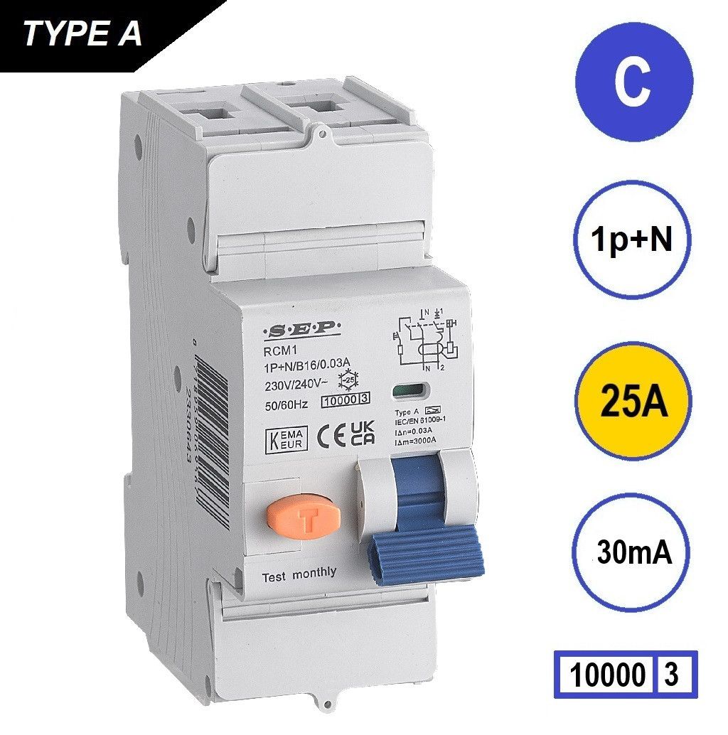 SEP RCM1 Aardlekautom. 1p+n, C25, 30mA, 10kA, Type A