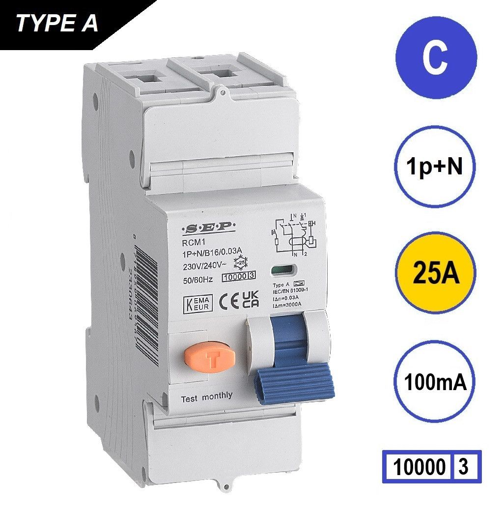 SEP RCM1 Aardlekautom. 1p+n, C25, 100mA, 10kA, Type A