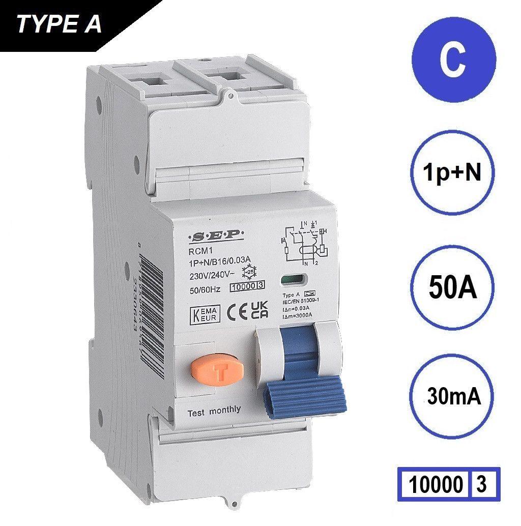 SEP RCM1 Aardlekautom. 1p+n, C50, 30mA, 10kA, Type A