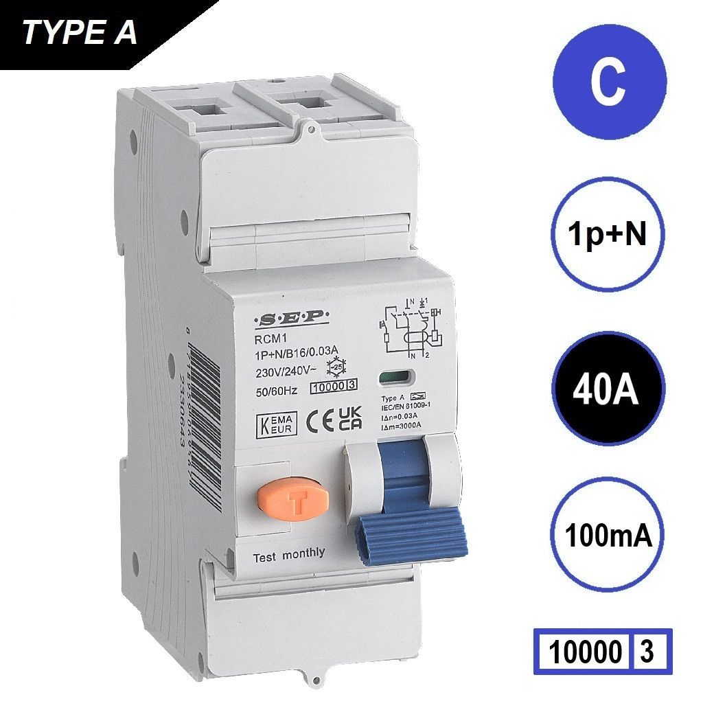 SEP RCM1 Aardlekautom. 1p+n, C40, 100mA, 10kA, Type A