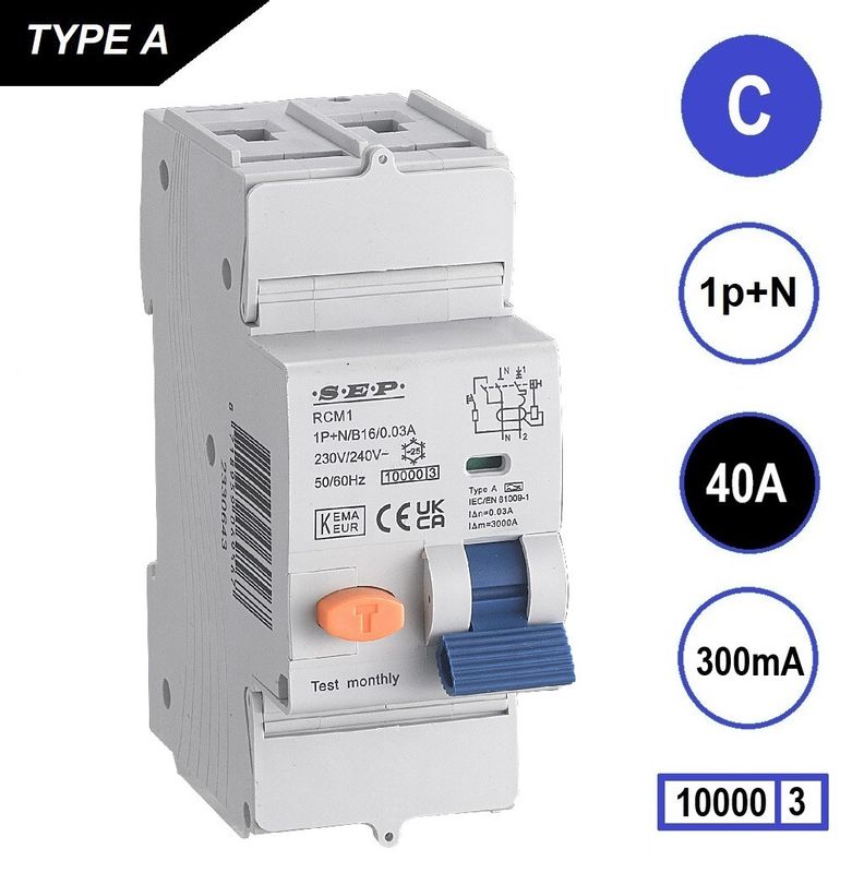 SEP RCM1 Aardlekautom. 1p+n, C40, 300mA, 10kA, Type A