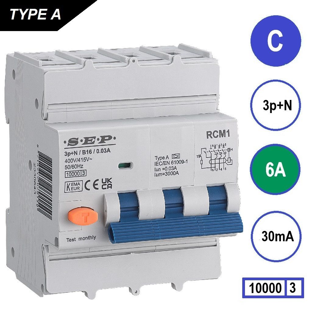 SEP RCM1 Aardlekautom. 3p+n, C6, 30mA, 10kA, Type A