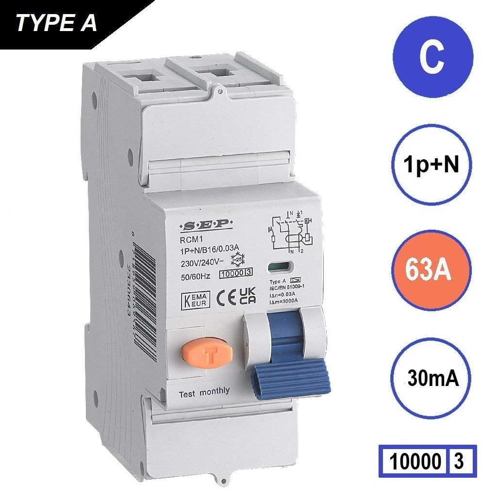 SEP RCM1 Aardlekautom. 1p+n, C63, 30mA, 10kA, Type A