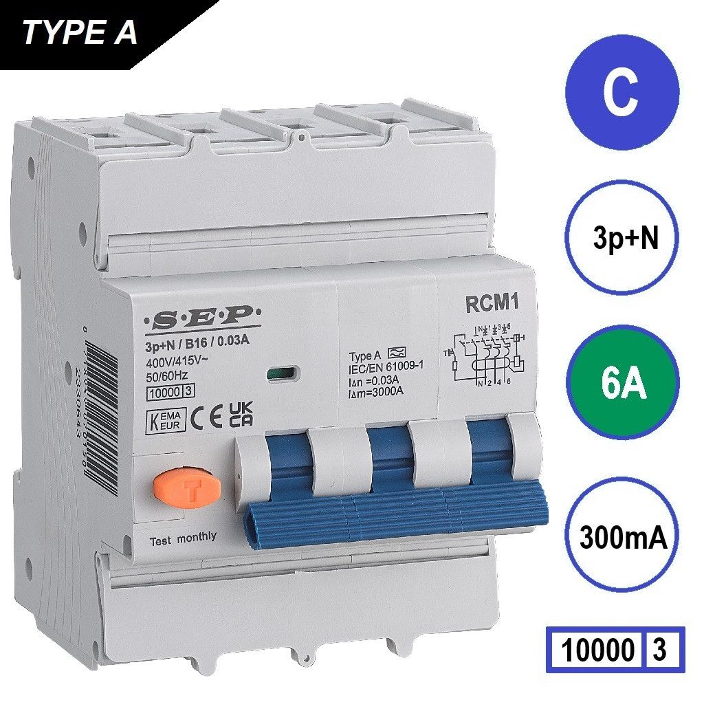 SEP RCM1 Aardlekautom. 3p+n, C6, 300mA, 10kA, Type A