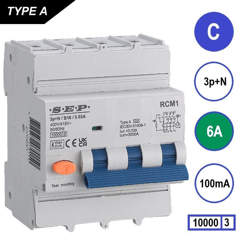 SEP RCM1 Aardlekautom. 3p+n, C6, 100mA, 10kA, Type A