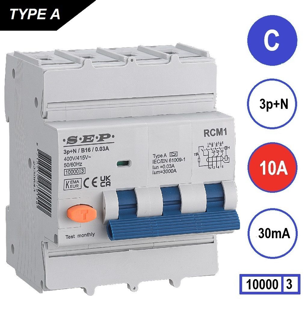 SEP RCM1 Aardlekautom. 3p+n, C10, 30mA, 10kA, Type A