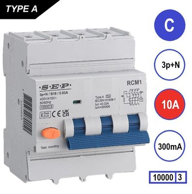 SEP RCM1 Differentieelautomaat 3p+n, C10, 300mA, 10kA, Type A