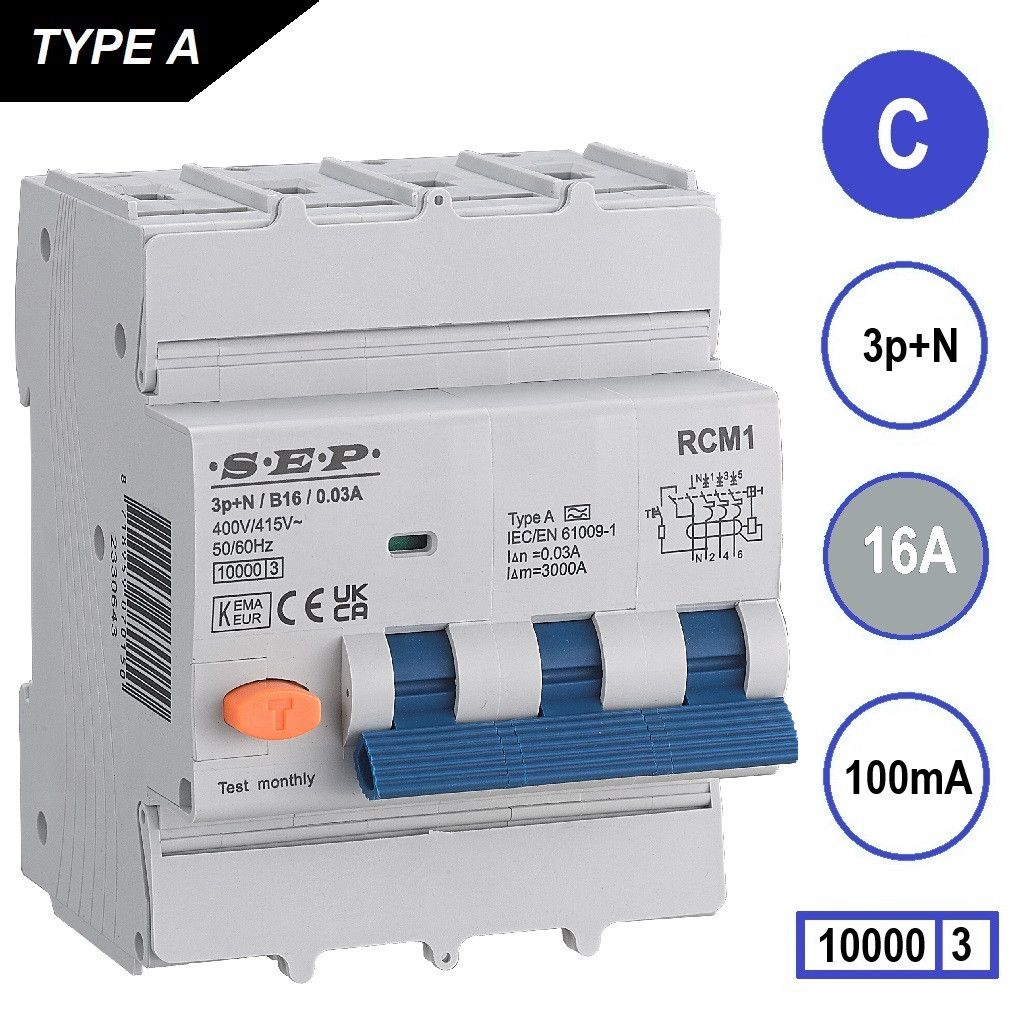 SEP RCM1 Aardlekautom. 3p+n, C16, 100mA, 10kA, Type A