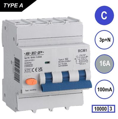 SEP RCM1 disjoncteur différentiel. 3p+n, C16, 100mA, 10kA, Type A