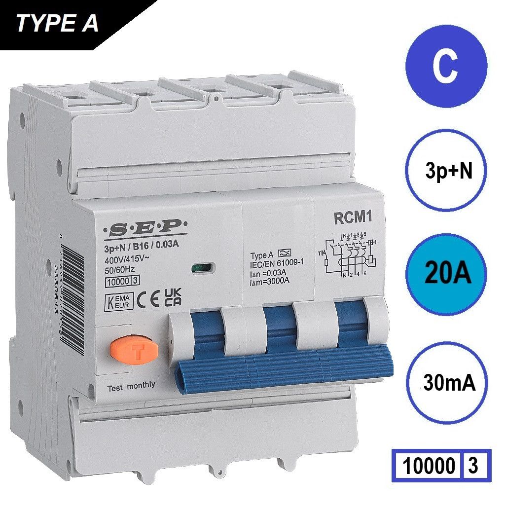 SEP RCM1 Aardlekautom. 3p+n, C20, 30mA, 10kA, Type A