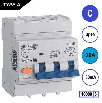 SEP RCM1 Differentieelautomaat 3p+n, C20, 30mA, 10kA, Type A