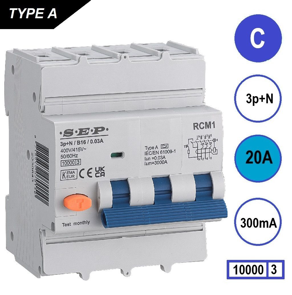 SEP RCM1 Aardlekautom. 3p+n, C20, 300mA, 10kA, Type A