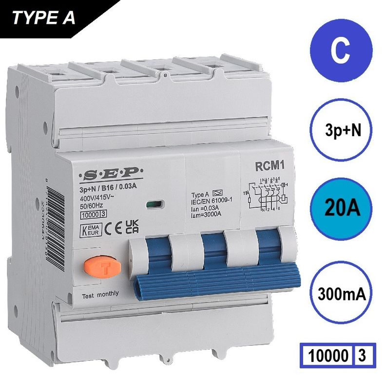 SEP RCM1 Aardlekautom. 3p+n, C20, 300mA, 10kA, Type A