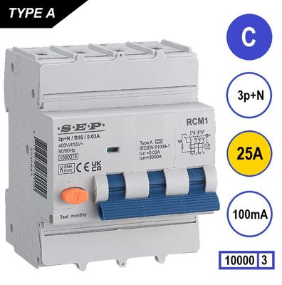 SEP RCM1 Aardlekautom. 3p+n, C25, 100mA, 10kA, Type A