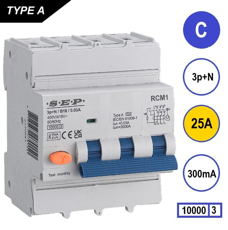 SEP RCM1 Aardlekautom. 3p+n, C25, 300mA, 10kA, Type A