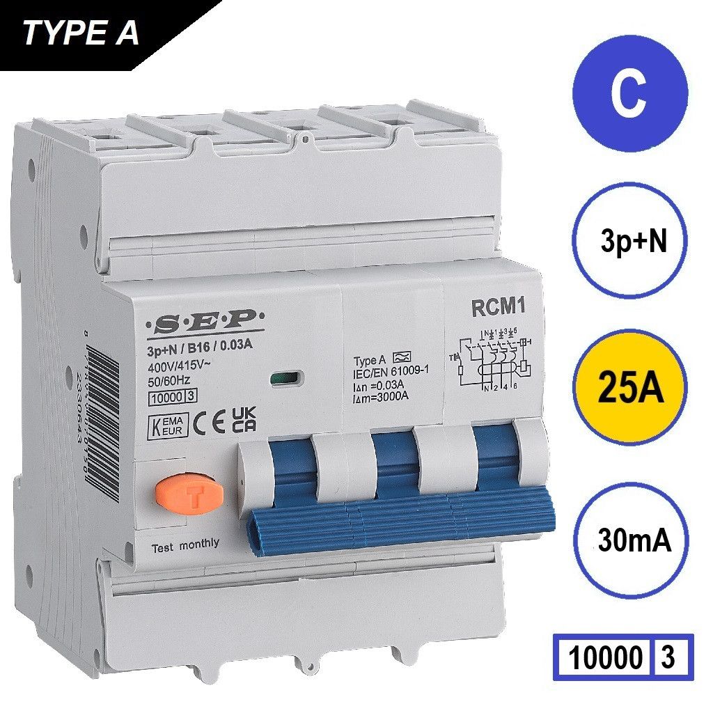 SEP RCM1 Aardlekautom. 3p+n, C25, 30mA, 10kA, Type A