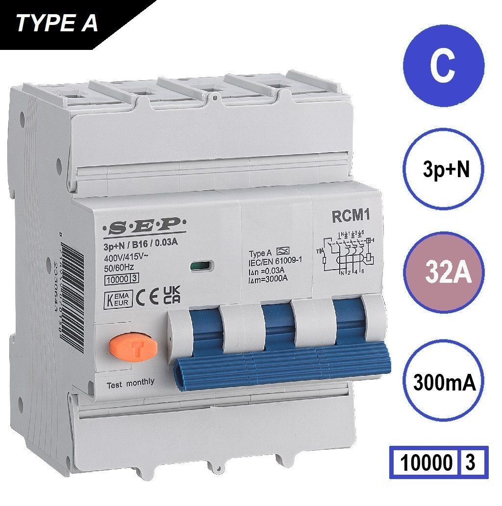 SEP RCM1 Aardlekautom. 3p+n, C32, 300mA, 10kA, Type A