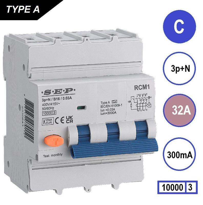 SEP RCM1 Aardlekautom. 3p+n, C32, 300mA, 10kA, Type A