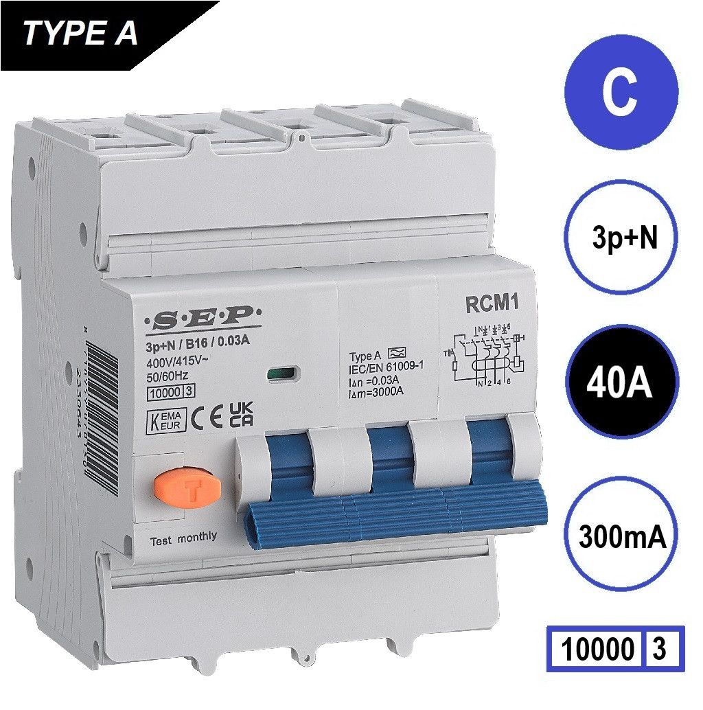 SEP RCM1 Aardlekautom. 3p+n, C40, 300mA, 10kA, Type A
