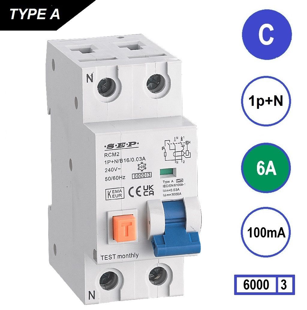 SEP RCM2 Aardlekautom. 1p+n C6 100mA 6kA