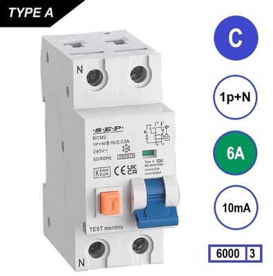 SEP RCM2 Differentieelautomaat 1p+n C6 10mA 6kA