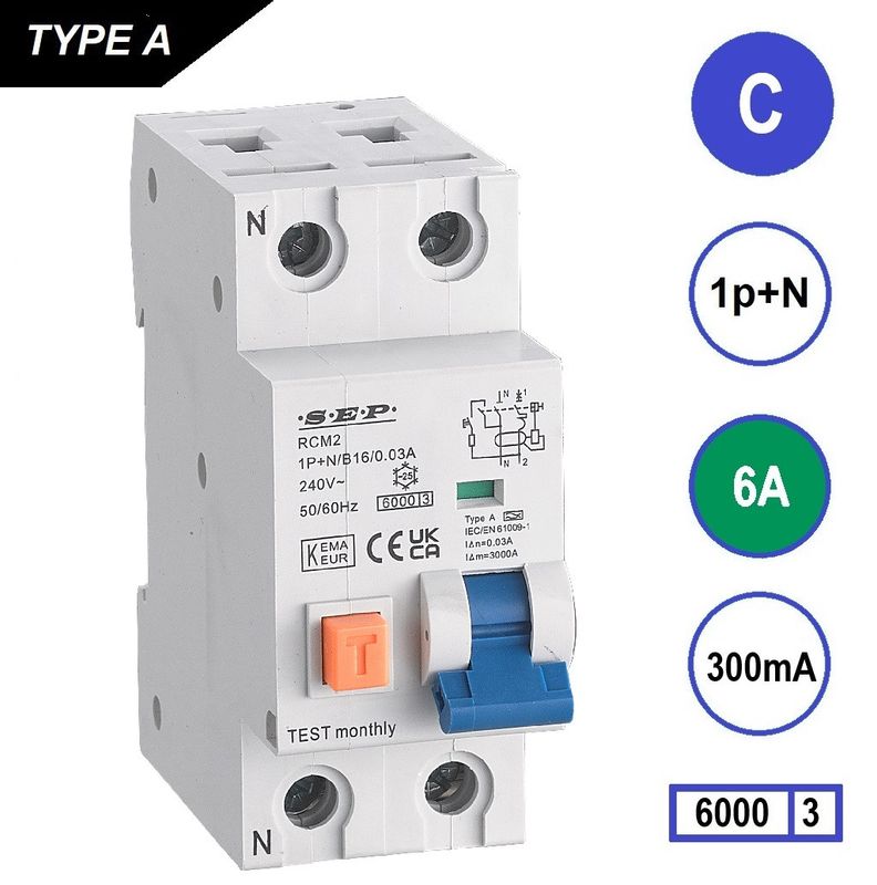 SEP RCM2 Aardlekautom. 1p+n C6 300mA 6kA