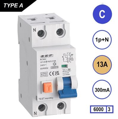 SEP RCM2 Aardlekautom. 1p+n C13 300mA 6kA
