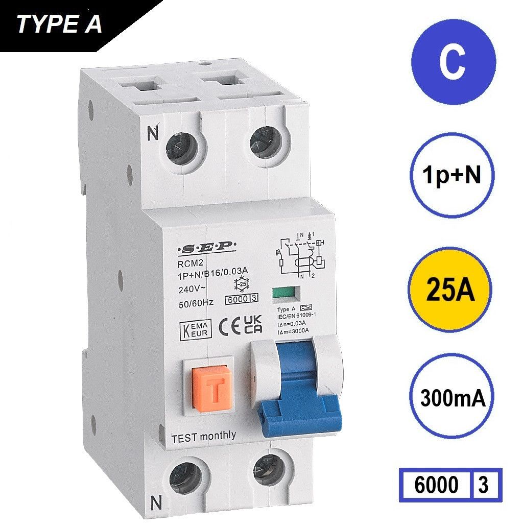 SEP RCM2 Aardlekautom. 1p+n C25 300mA 6kA