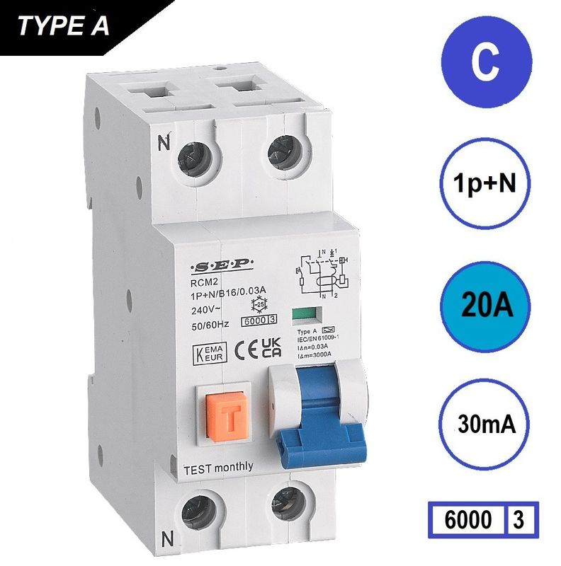 SEP RCM2 Aardlekautom. 1p+n C20 30mA 6kA