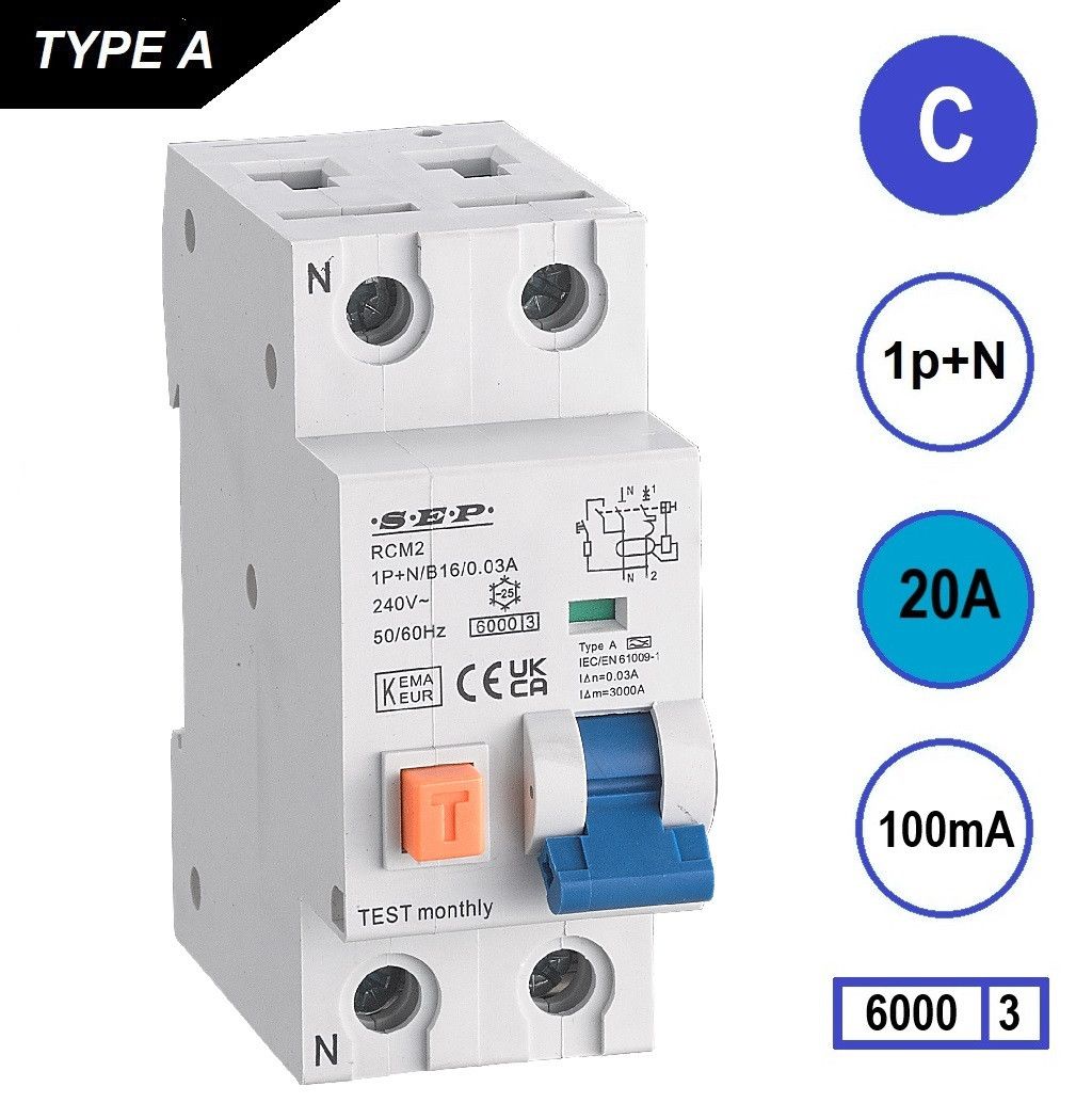 SEP RCM2 Aardlekautom. 1p+n C20 100mA 6kA