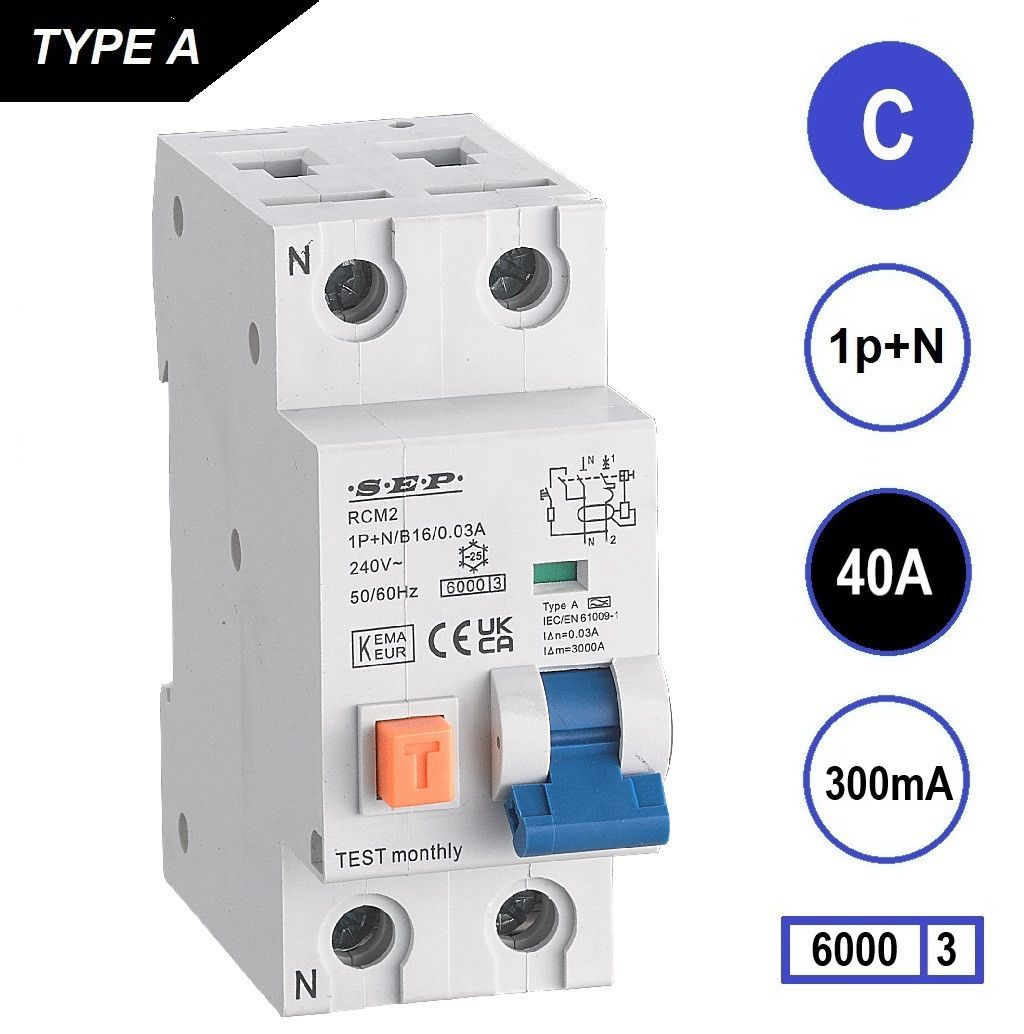 SEP RCM2 Aardlekautom. 1p+n C40 300mA 6kA