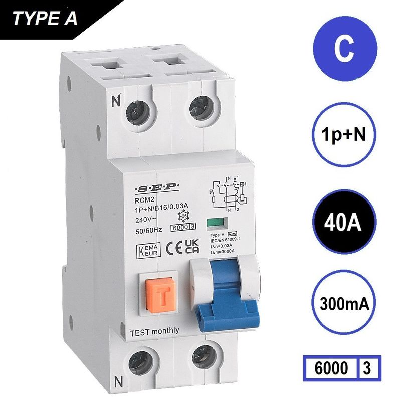 SEP RCM2 Aardlekautom. 1p+n C40 300mA 6kA