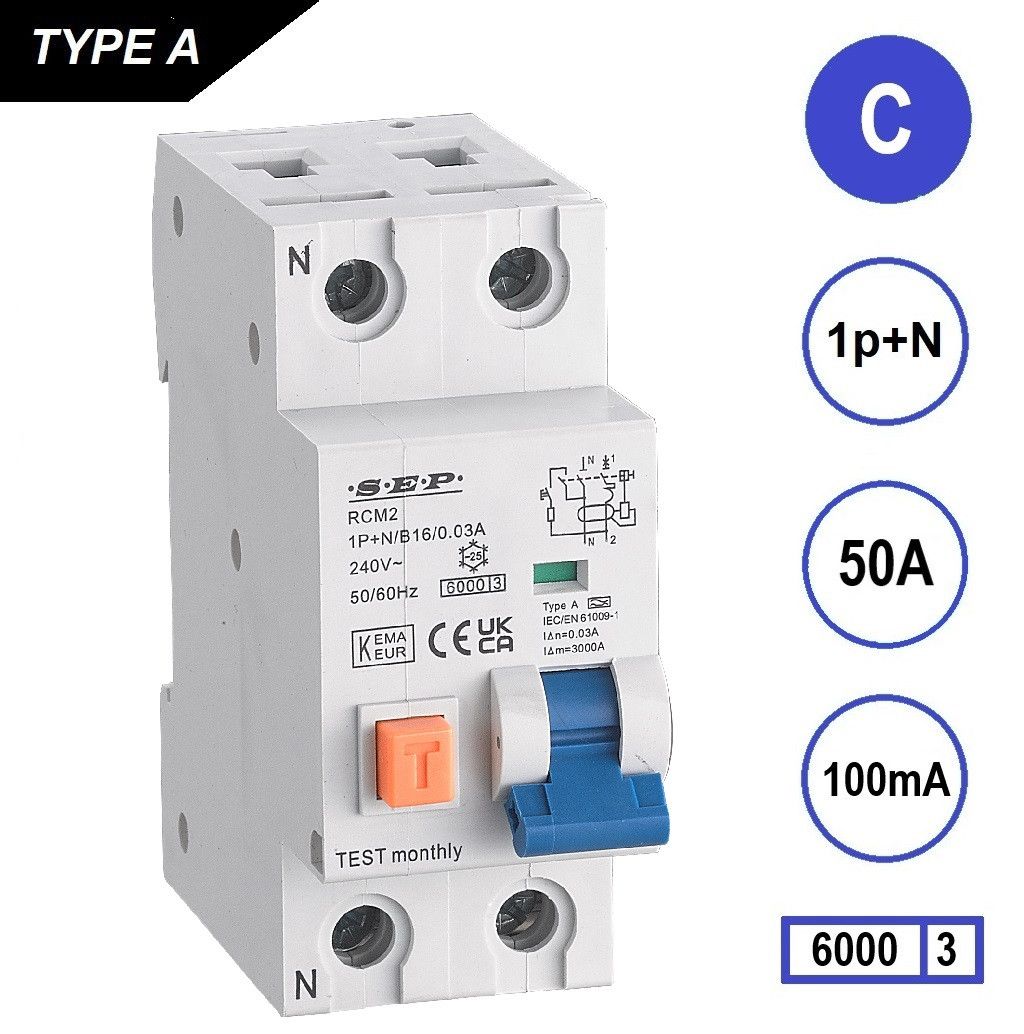 SEP RCM2 Aardlekautom. 1p+n C50 100mA 6kA