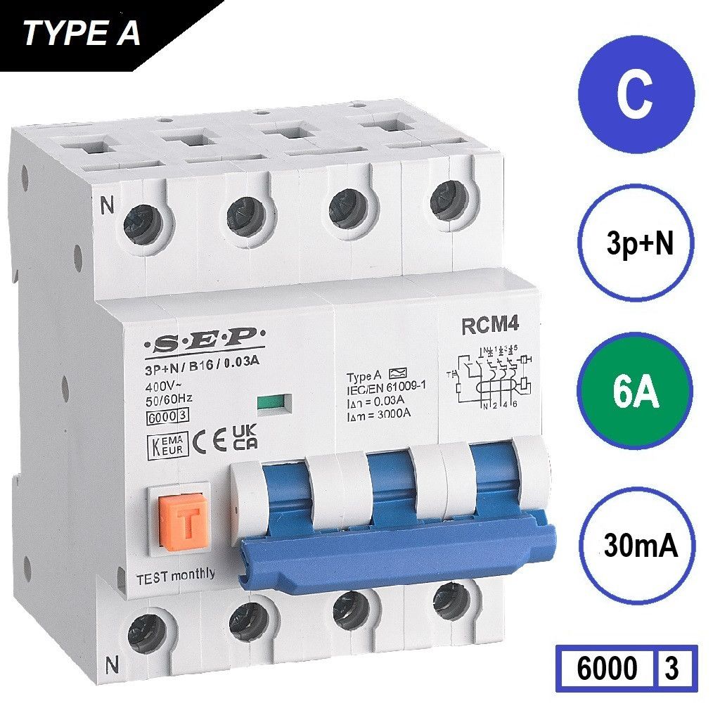 SEP RCM4 Aardlekautom. 3p+n C6 30mA 6kA