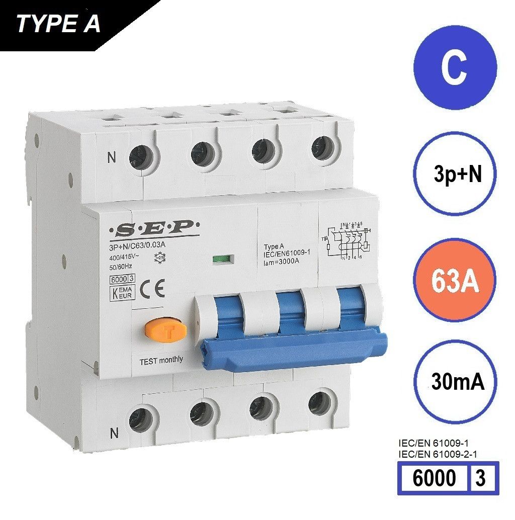 SEP RCM4 Aardlekautom. 3p+n, C63, 30mA, 6kA, Type A, (81mm)