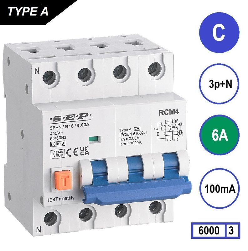 SEP RCM4 Aardlekautom. 3p+n C6 100mA 6kA