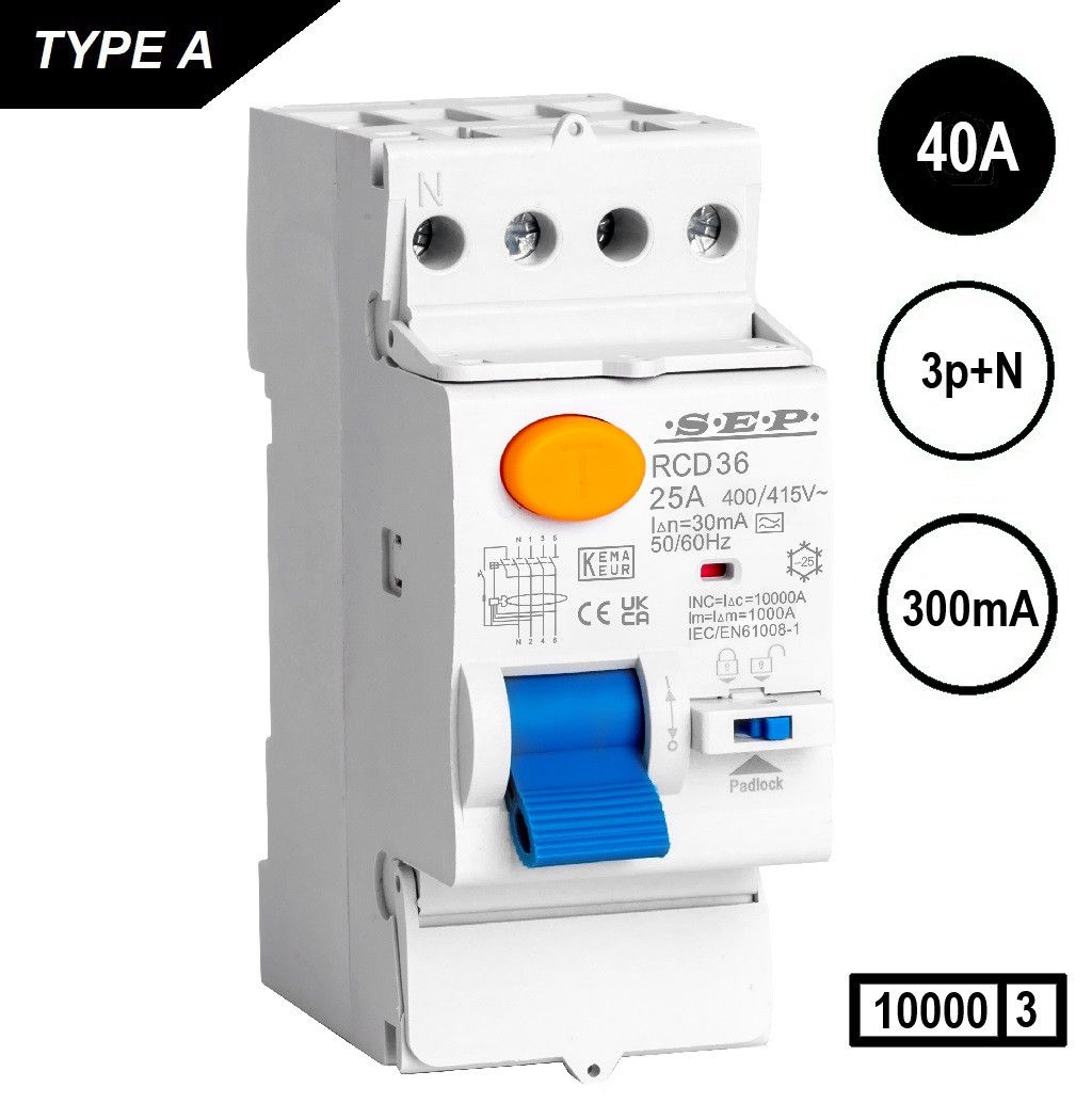 SEP RCD36 Aardlekschak. 3p+n, 40A, 300mA, type A,  10kA, (36mm)