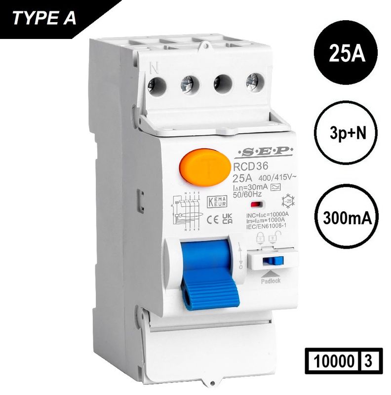 SEP RCD36 Aardlekschak. 3p+n, 25A, 300mA, type A, 10kA, (36mm)