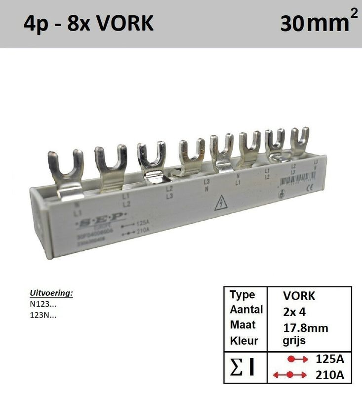 SEP 30F04008G06 Kam 4 fase, 30mm2, 8xFORK, M6, 17.8mm (125/210A)