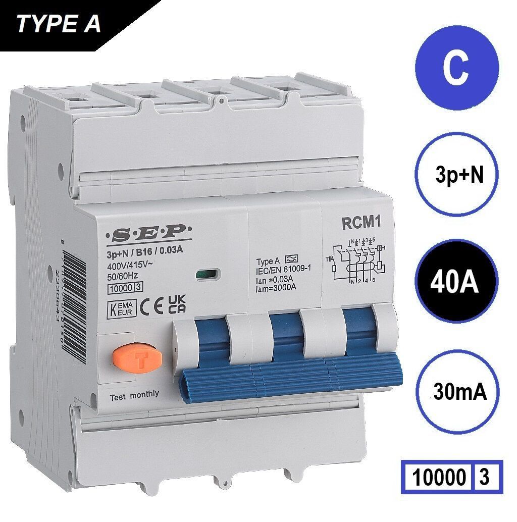 SEP RCM1 Differentieelautomaat 3p+n, C40, 30mA, 10kA, Type A