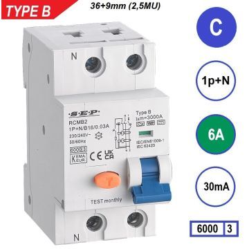 SEP RCMB Differentieelautomaat Type B, 1p+n C6 30mA 6kA (45mm)