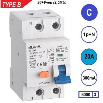 SEP RCMB Differentieelautomaat Type B, 1p+n C20 300mA 6kA (45mm)
