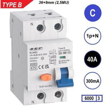 SEP RCMB Differentieelautomaat Type B, 1p+n C40 300mA 6kA (45mm)