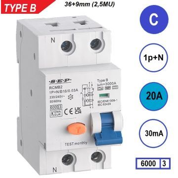 SEP RCMB Differentieelautomaat Type B, 1p+n C20 30mA 6kA (45mm)