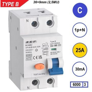SEP RCMB Differentieelautomaat Type B, 1p+n C25 30mA 6kA (45mm)