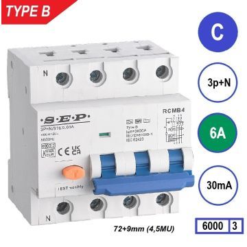 SEP RCMB Differentieelautomaat Type B, 3p+n C6 30mA 6kA (81mm)