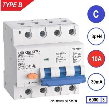 SEP RCMB Differentieelautomaat Type B, 3p+n C10 30mA 6kA (81mm)