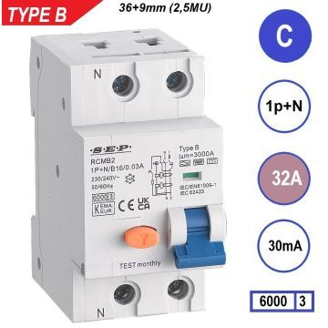 SEP RCMB Differentieelautomaat Type B, 1p+n C32 30mA 6kA (45mm)