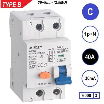 SEP RCMB Differentieelautomaat Type B, 1p+n C40 30mA 6kA (45mm)